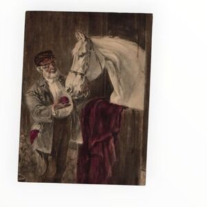 Man Feeding Horse Equestrian Print Art Embossed Hand Colored Victorian